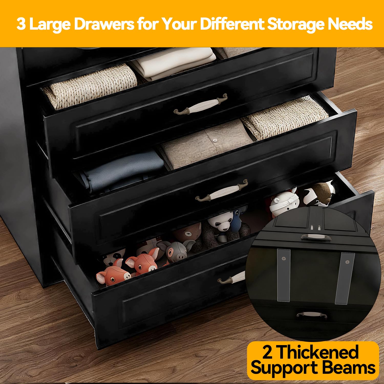 Modern Wardrobe Armoire with 3 Drawers, LED Light and Hanging Rod