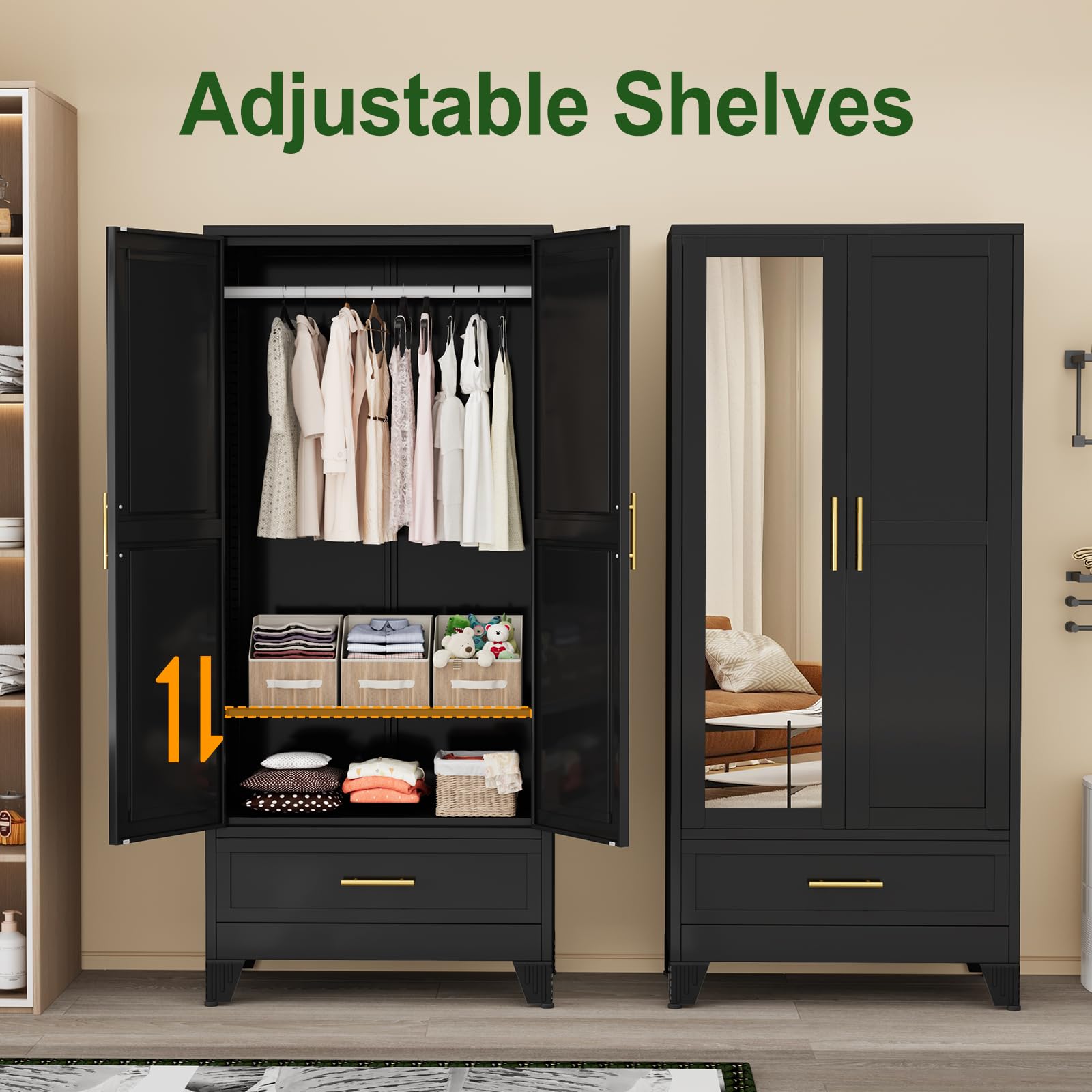 Metal Armoire Wardrobe with Adjustable Shelves and Hanging Rod
