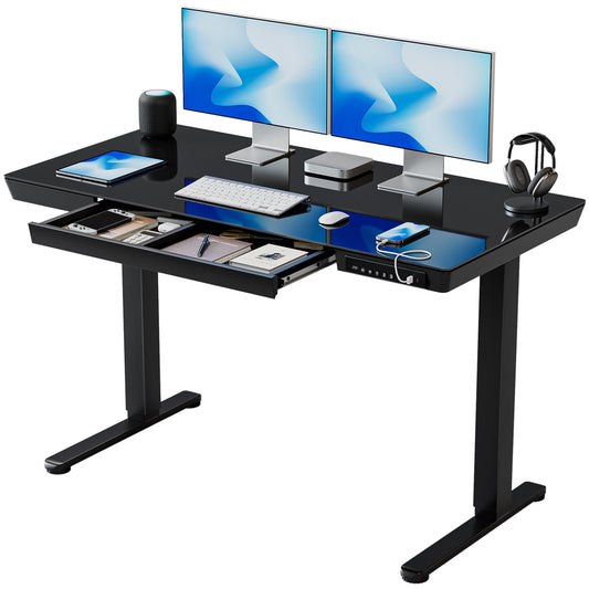 BANTI Electric Standing Desk with Drawers, 48 inch Whole-Piece Glass Desktop
