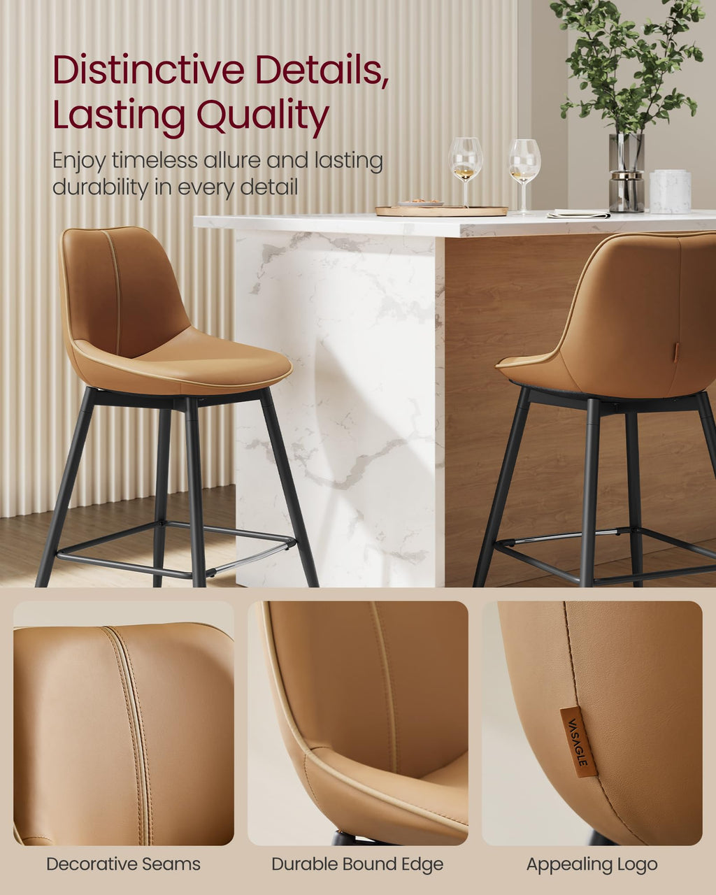 VASAGLE Bar Stools, Bar Height Bar Stools with Back, Ergonomic Backrest