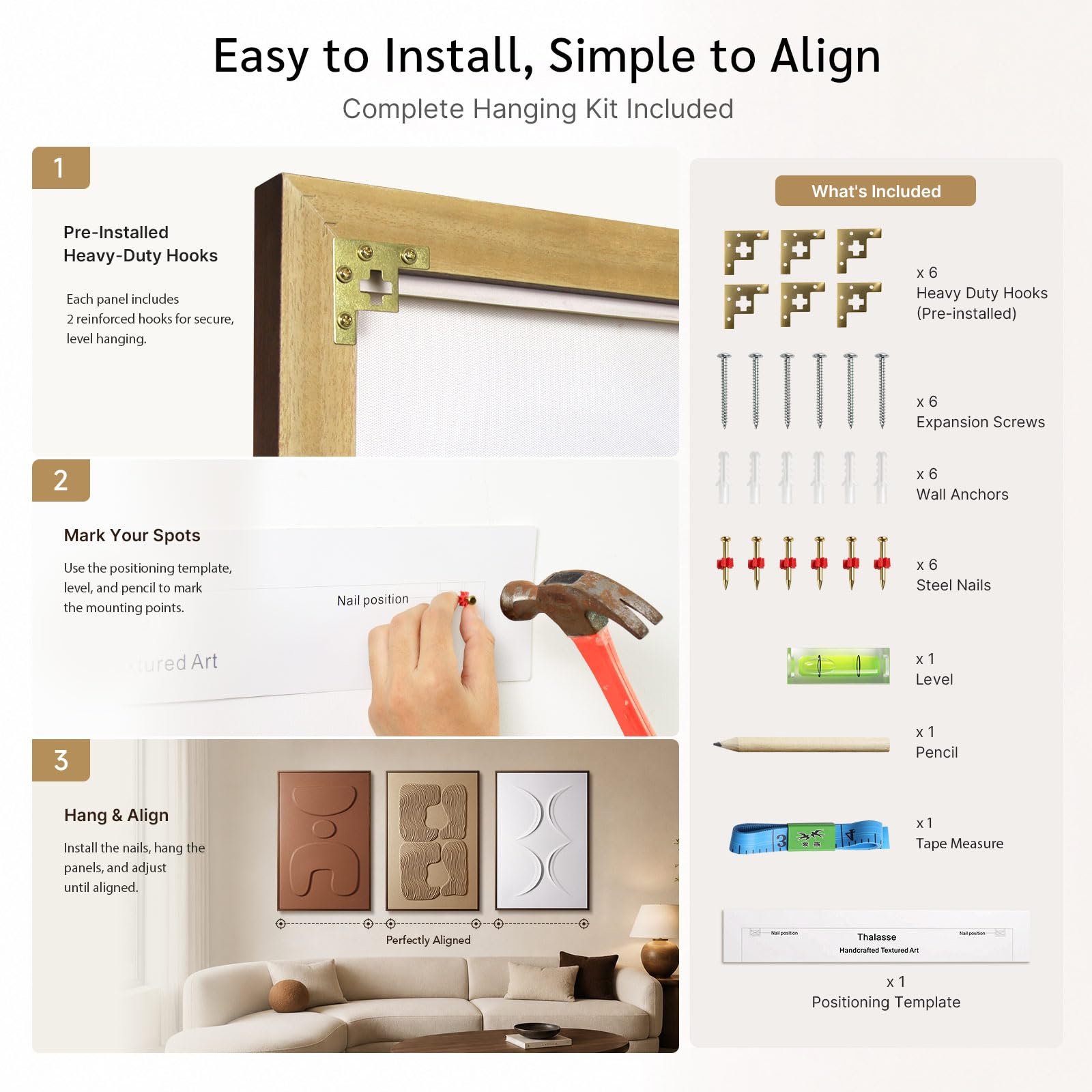 Thalasse Large 3-Piece 3D Textured Wall Art for Living Room