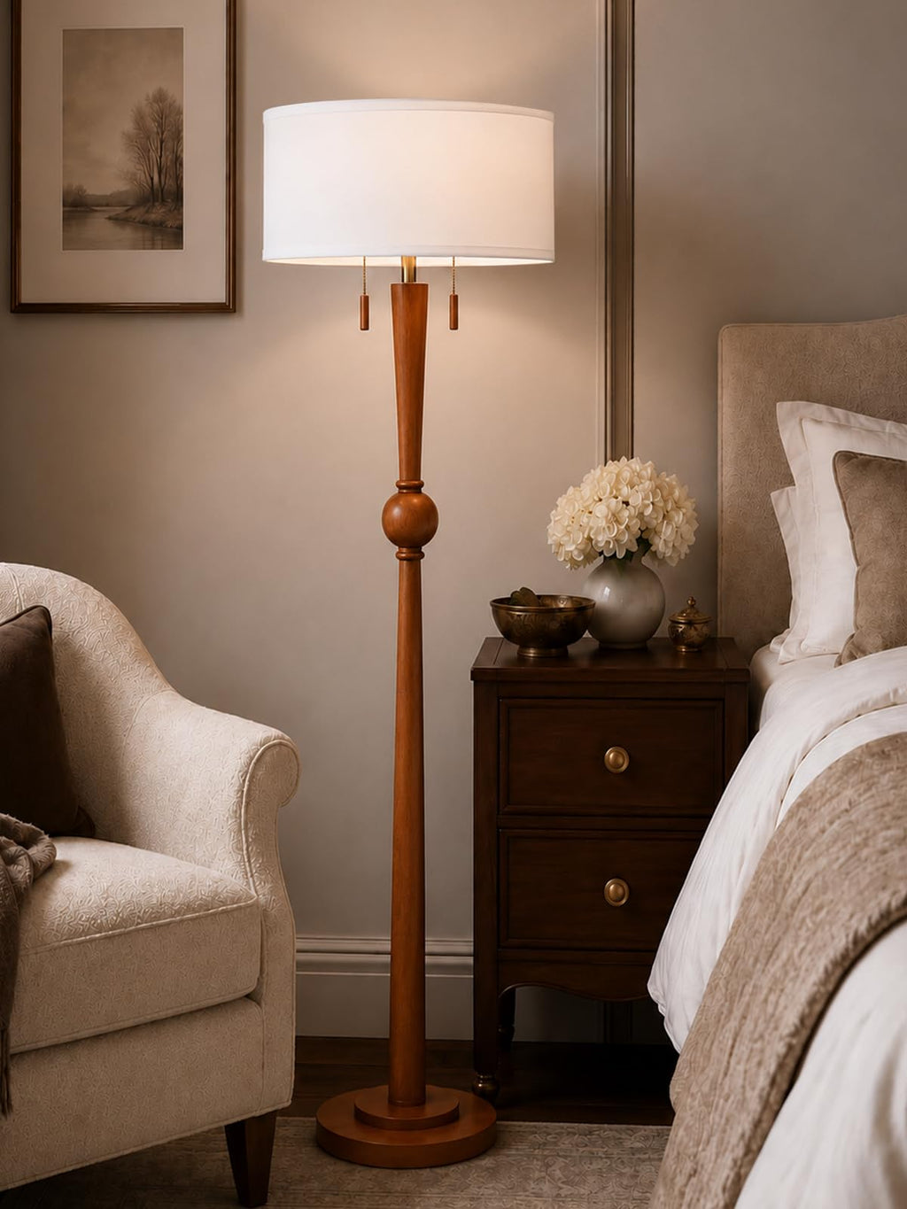 Solid Oak Wood Floor Lamp with Linen Shade and Sculptural Base