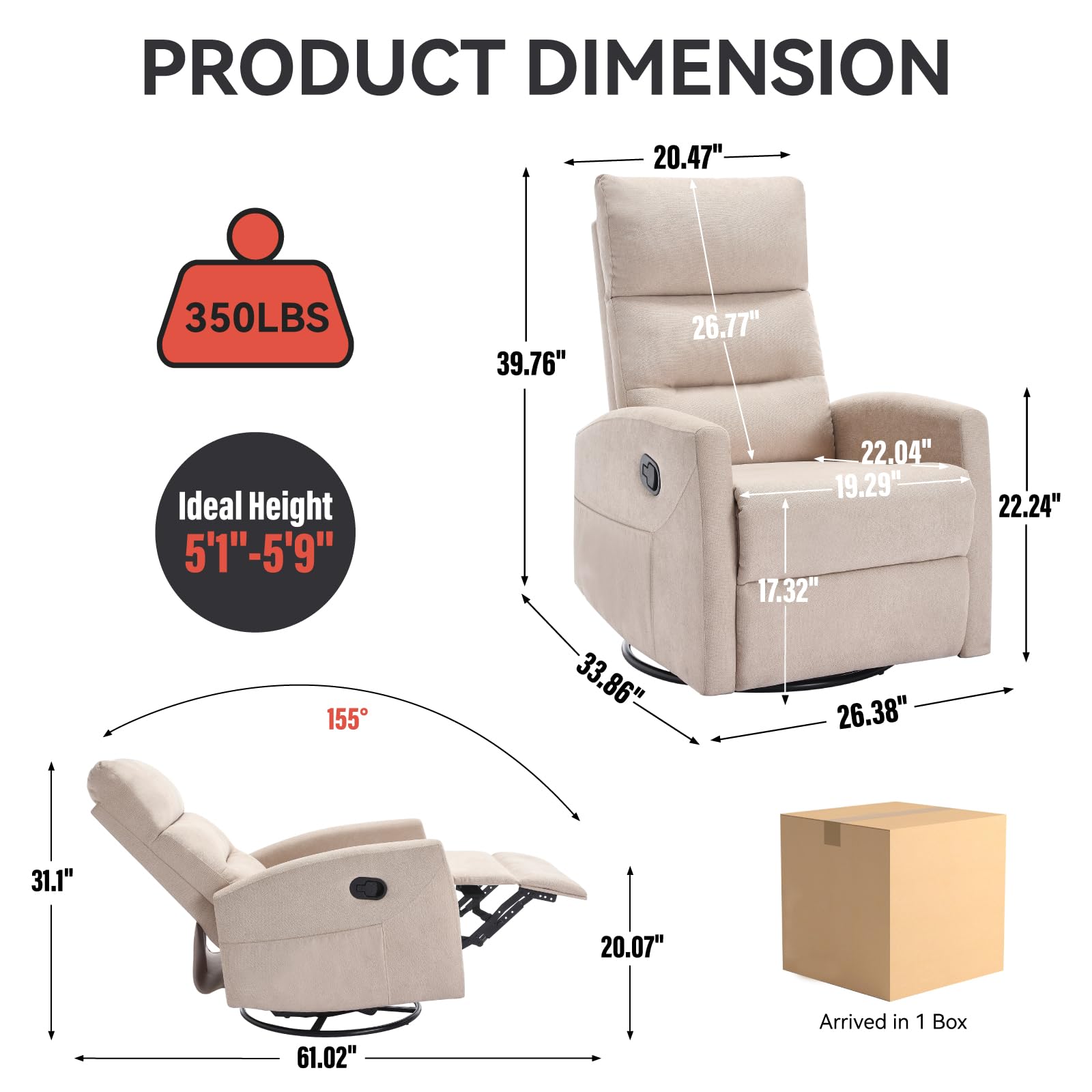 Manual Swivel Rocker Recliner Chair with 360° Rotation and Reclining Backrest