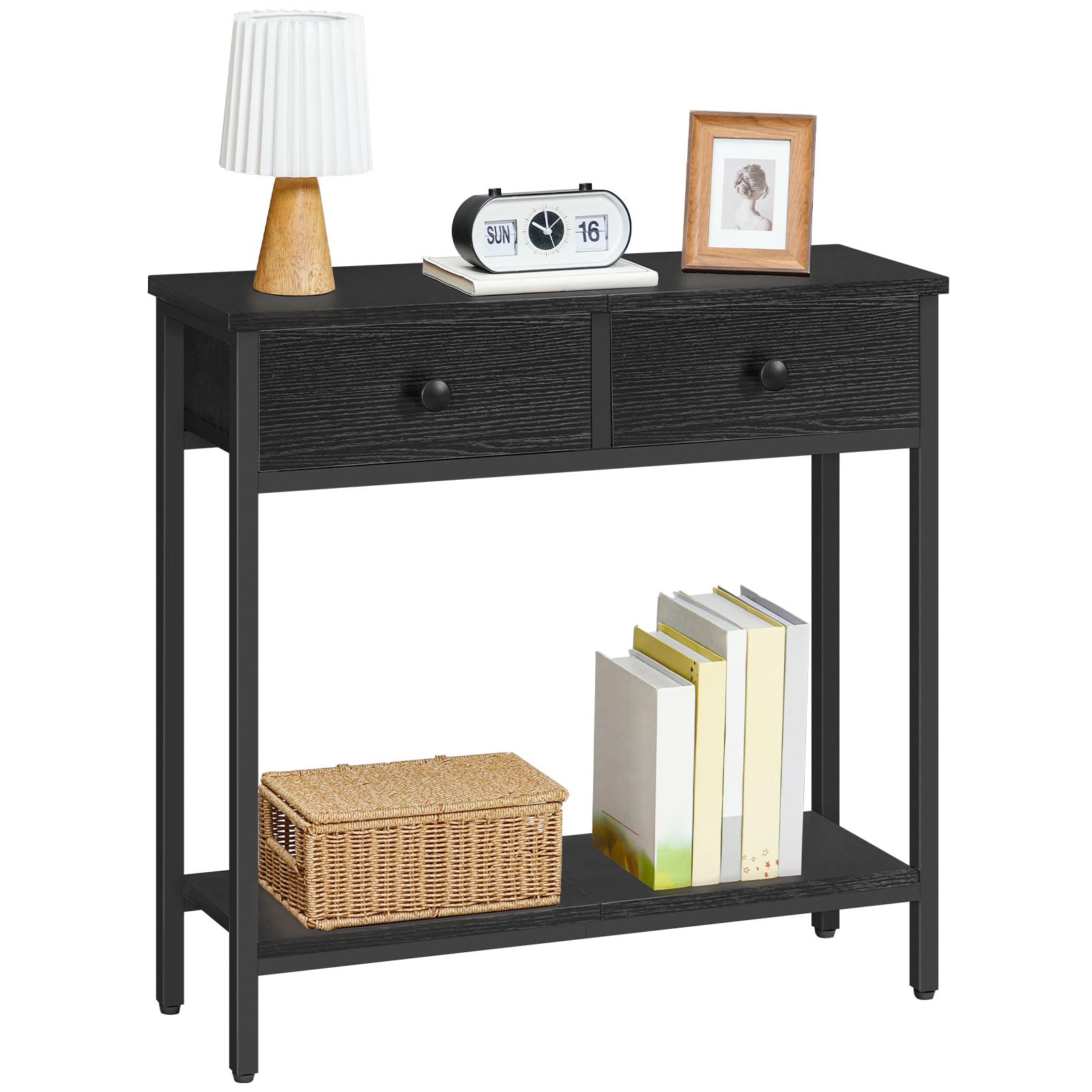 Narrow Console Table with Storage Drawers and Two Tier Shelves
