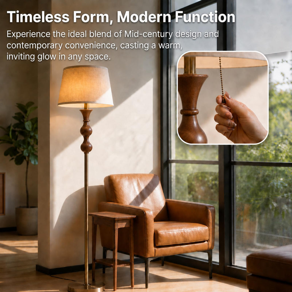 Mirwen Wood & Brushed Floor Lamp with Pull Chain Switch & Remote Control,