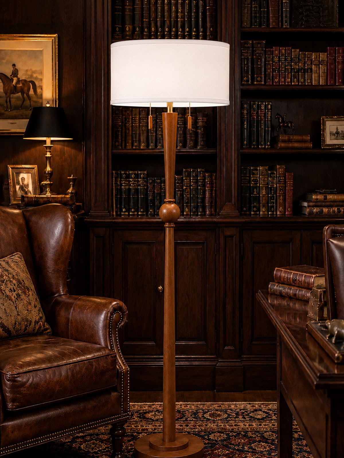 Solid Oak Wood Floor Lamp with Linen Shade and Sculptural Base