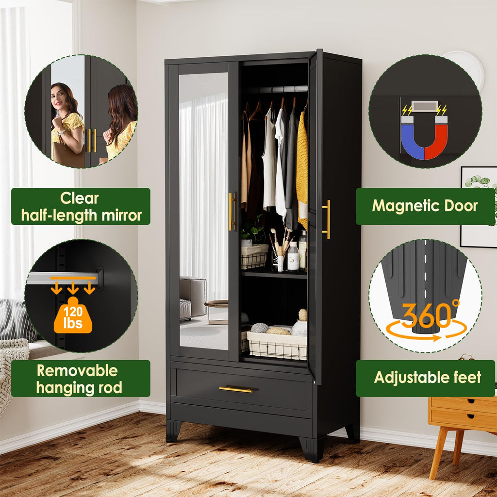 Metal Armoire Wardrobe with Adjustable Shelves and Hanging Rod