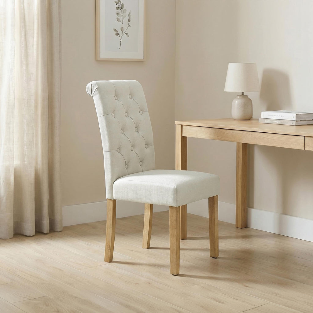 Fabric Upholstered Dining Chairs with Tufted Back and Wood Legs