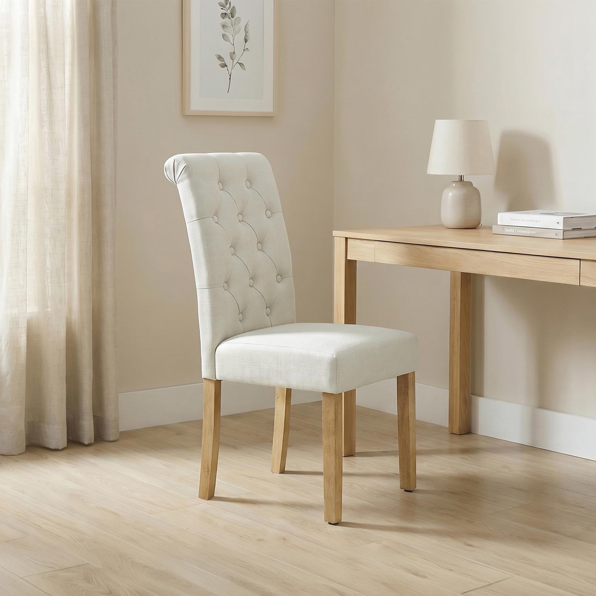 Fabric Upholstered Dining Chairs with Tufted Back and Wood Legs