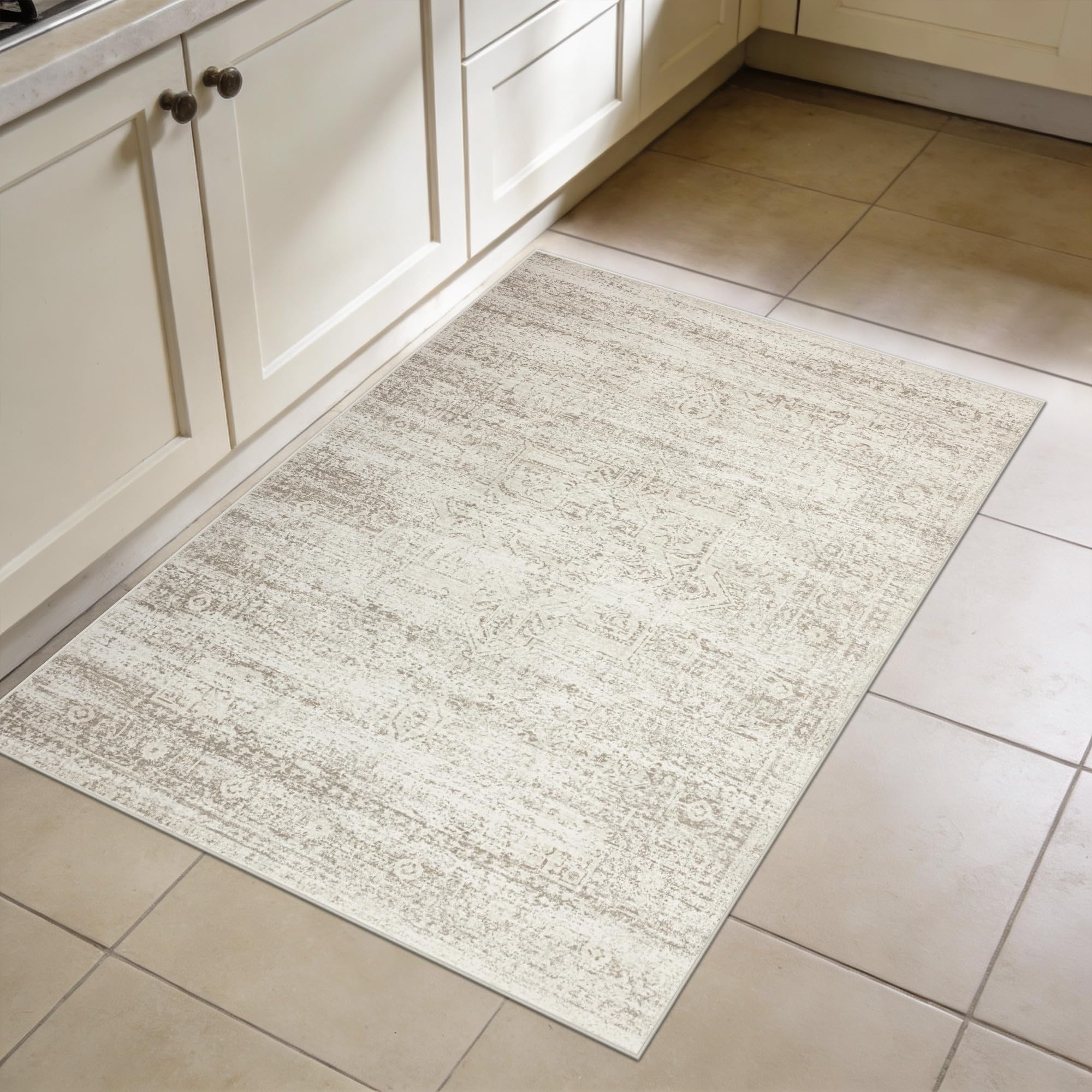 Machine Washable Faux Wool Area Rug with Retro Design and Non Slip Backing