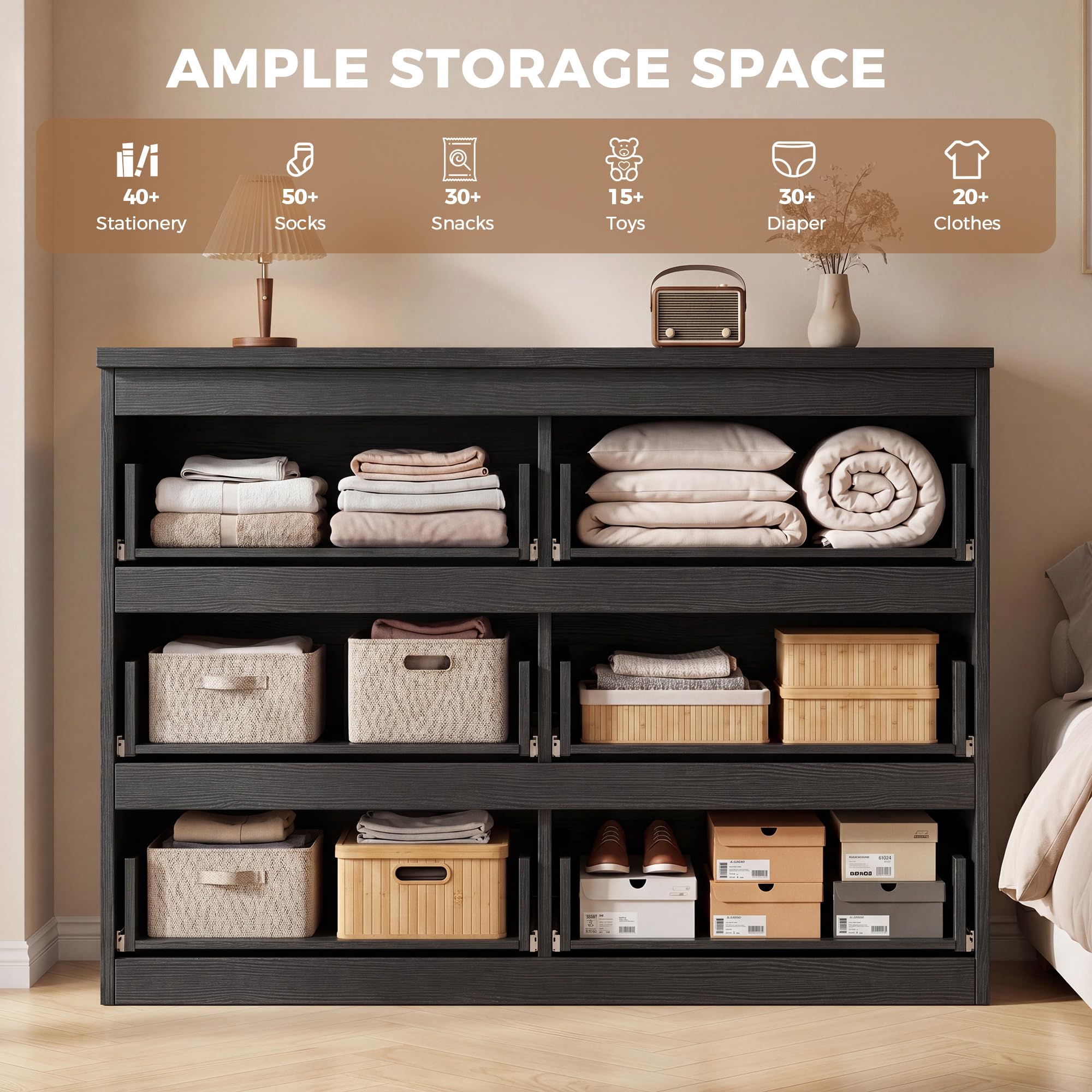 Modern 6 Drawer Dresser with Wood Storage and Anti-Tip Design
