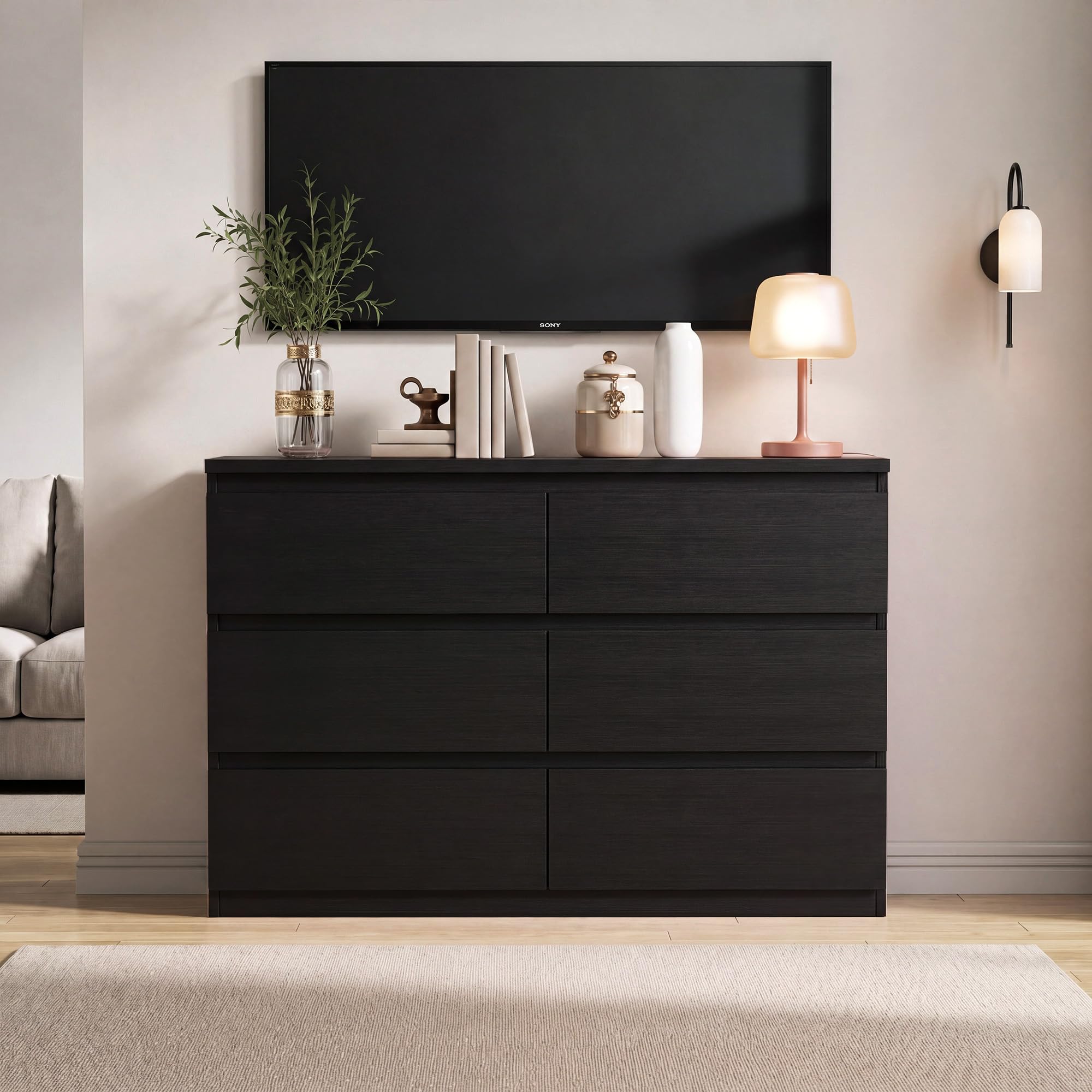 Modern 6 Drawer Dresser with Wood Storage and Anti-Tip Design