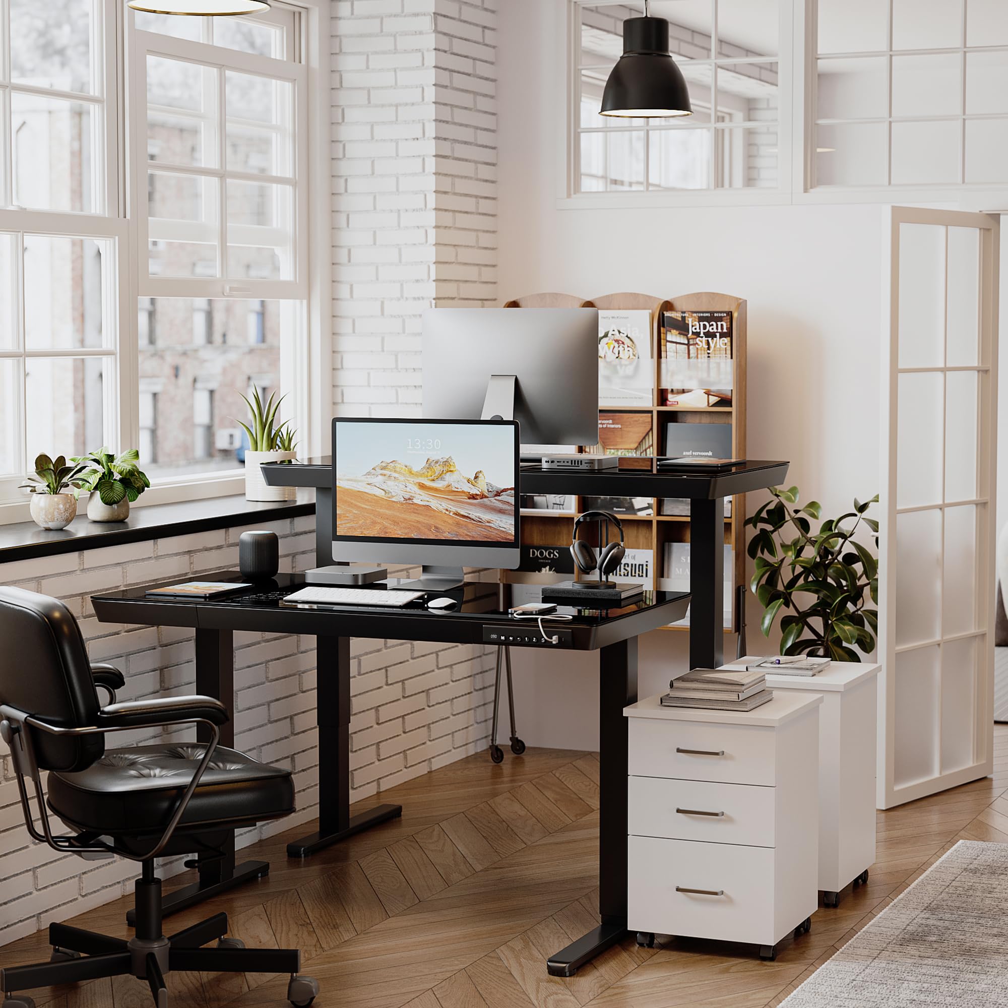 BANTI Electric Standing Desk with Drawers, 48 inch Whole-Piece Glass Desktop