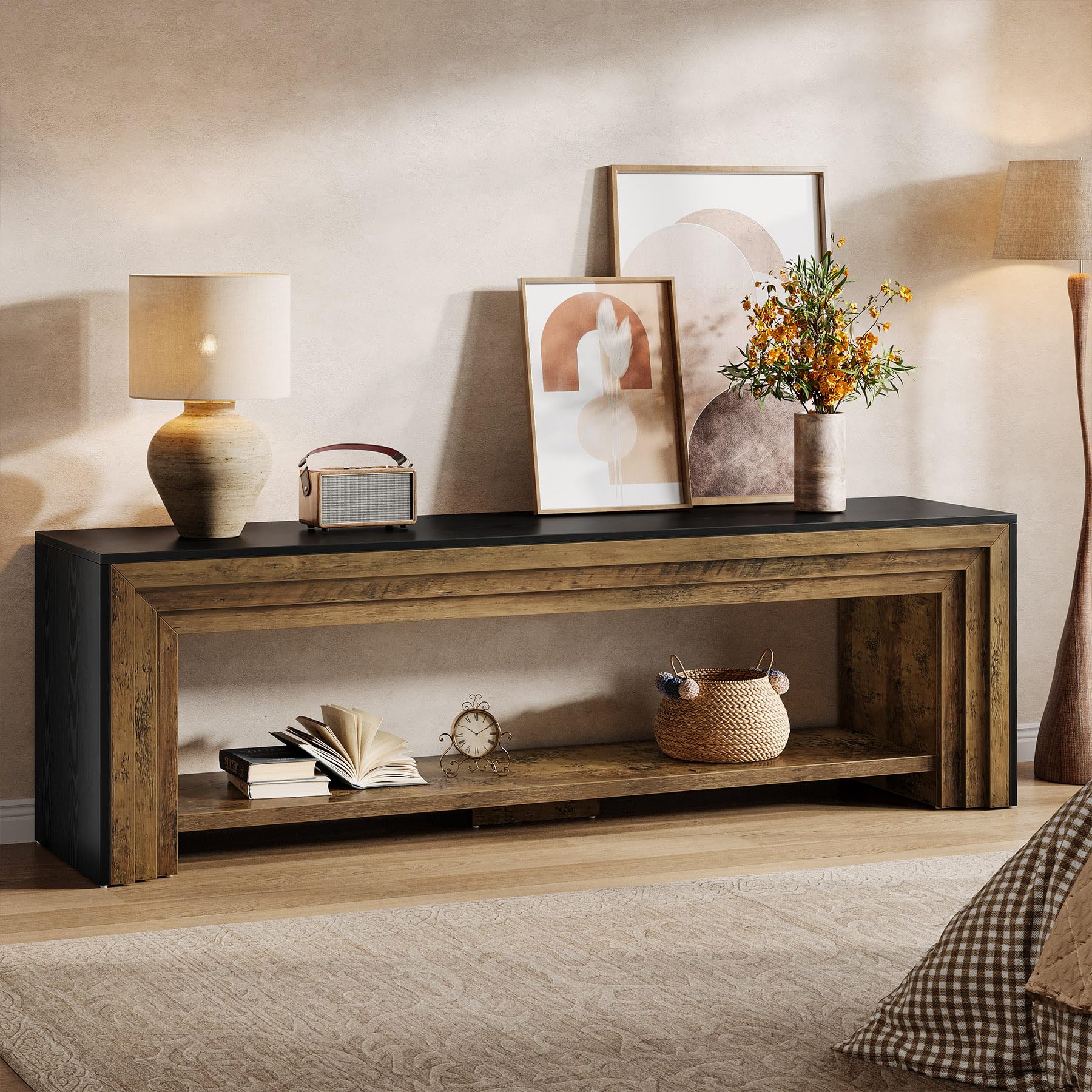 70" Farmhouse TV Stand with Open Storage Shelves and Media Console
