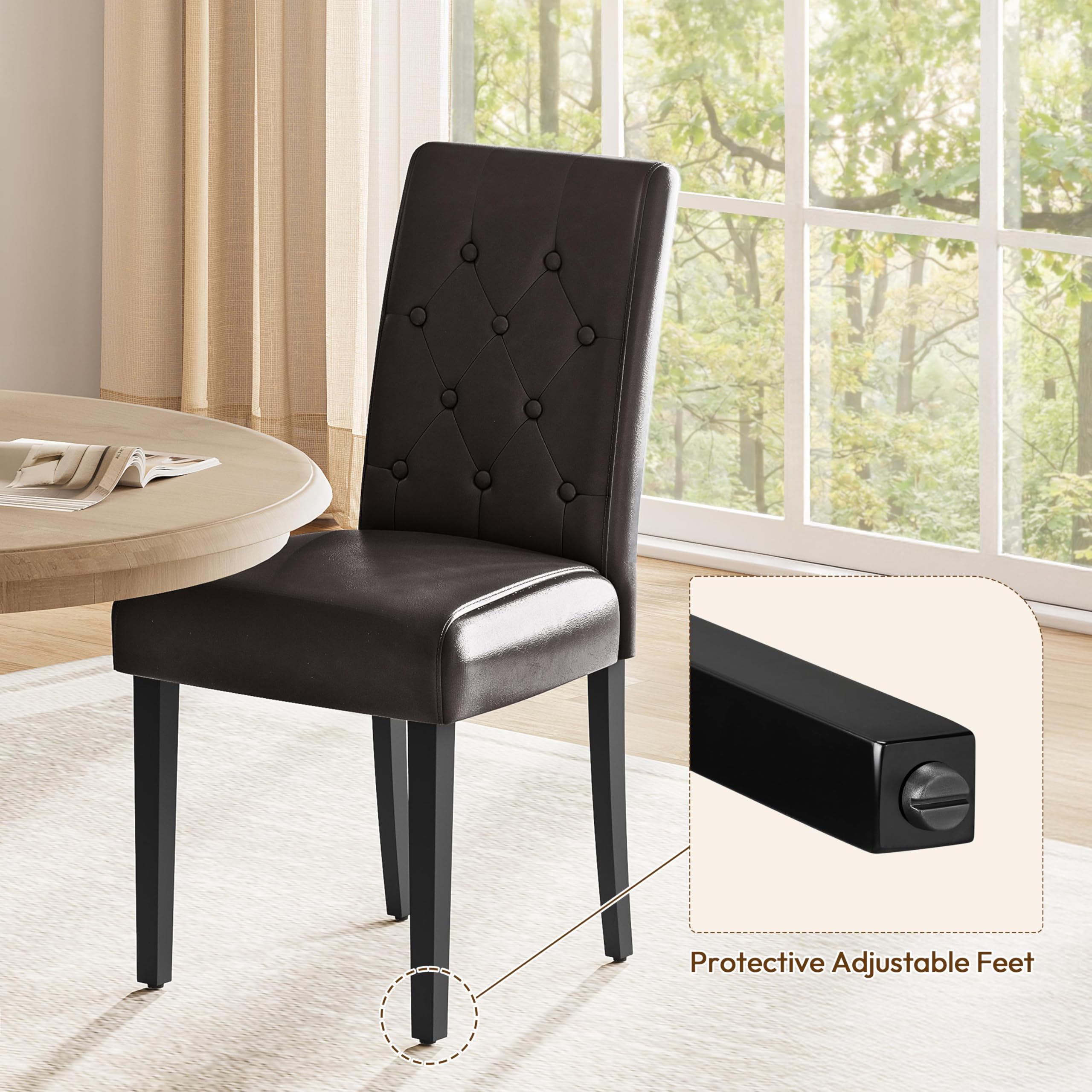 Leather Upholstered Dining Chairs with Tufted High Back and Wood Legs