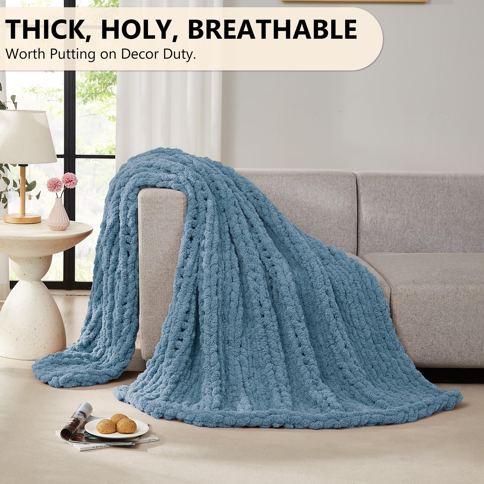 L'AGRATY Chunky Knit Throw Blanket for Couch Bed Sofa Room Home Decor