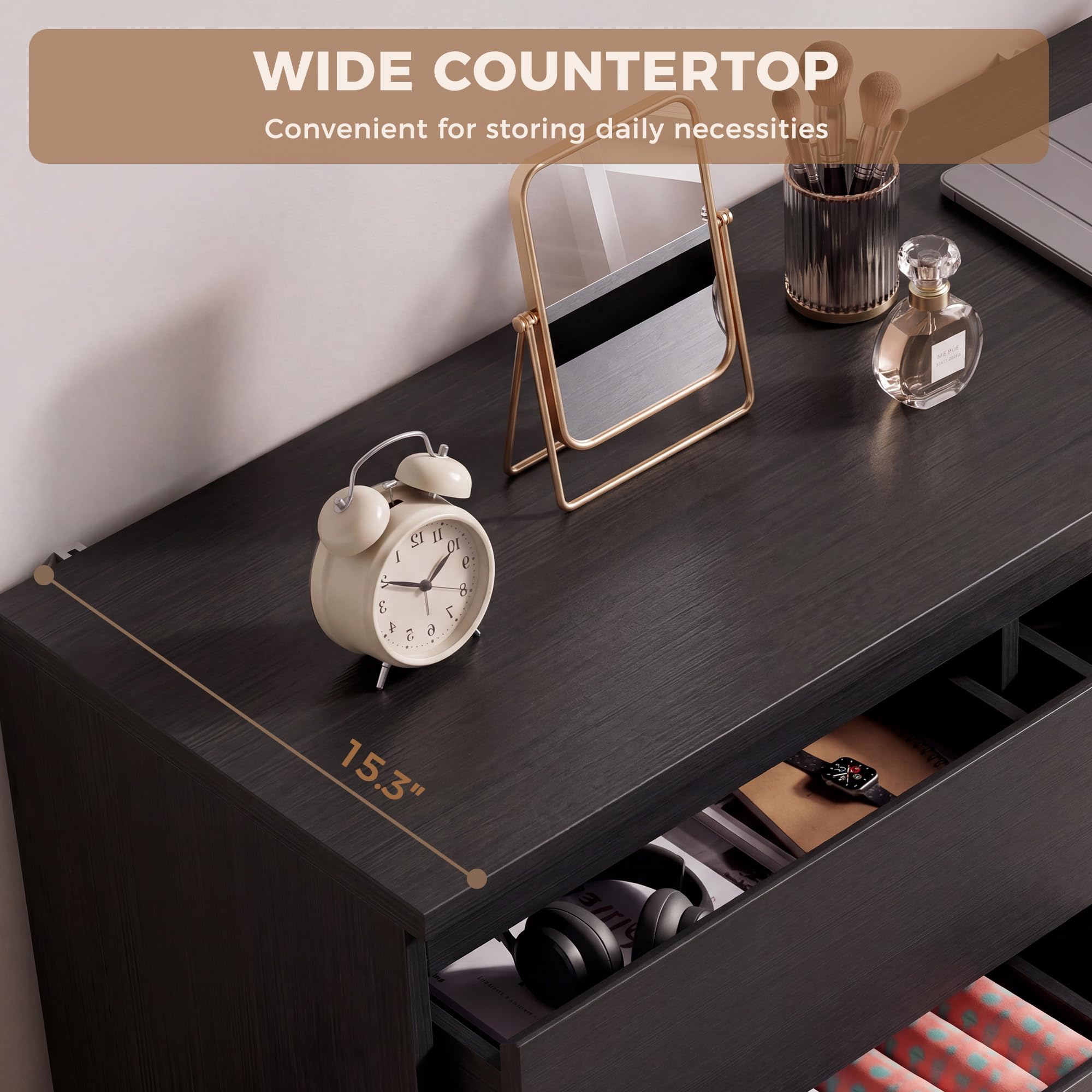 Modern 6 Drawer Dresser with Wood Storage and Anti-Tip Design
