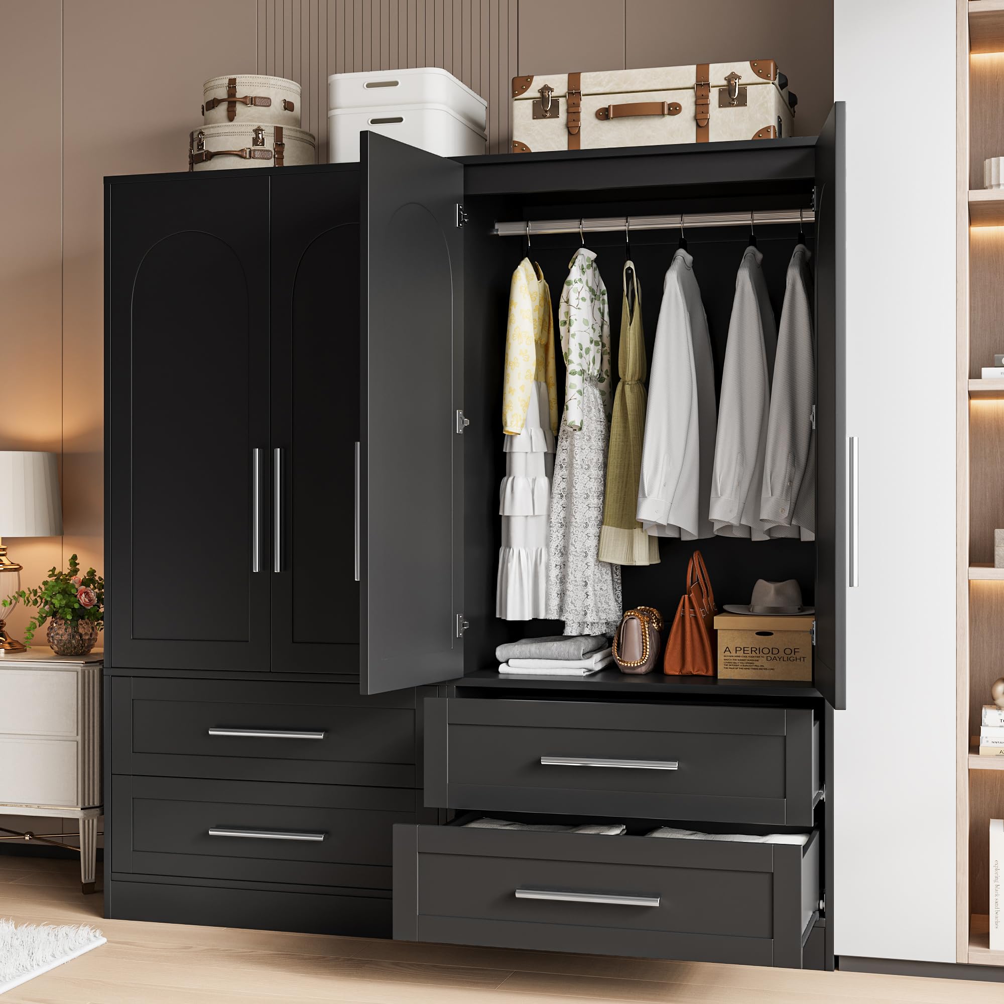 Wooden Wardrobe Armoire with Drawers, Doors and Hanging Rod