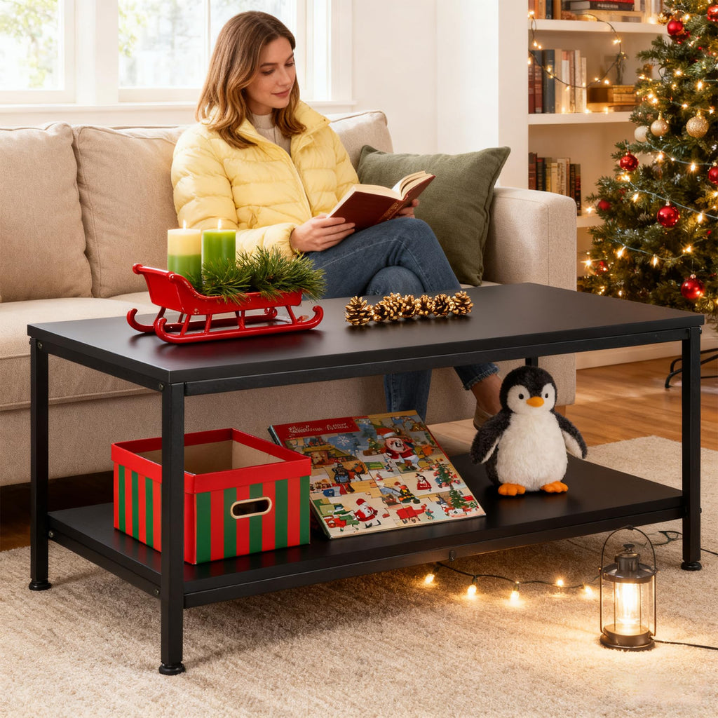 Industrial Coffee Table with Storage Shelf and 2-Tier Design