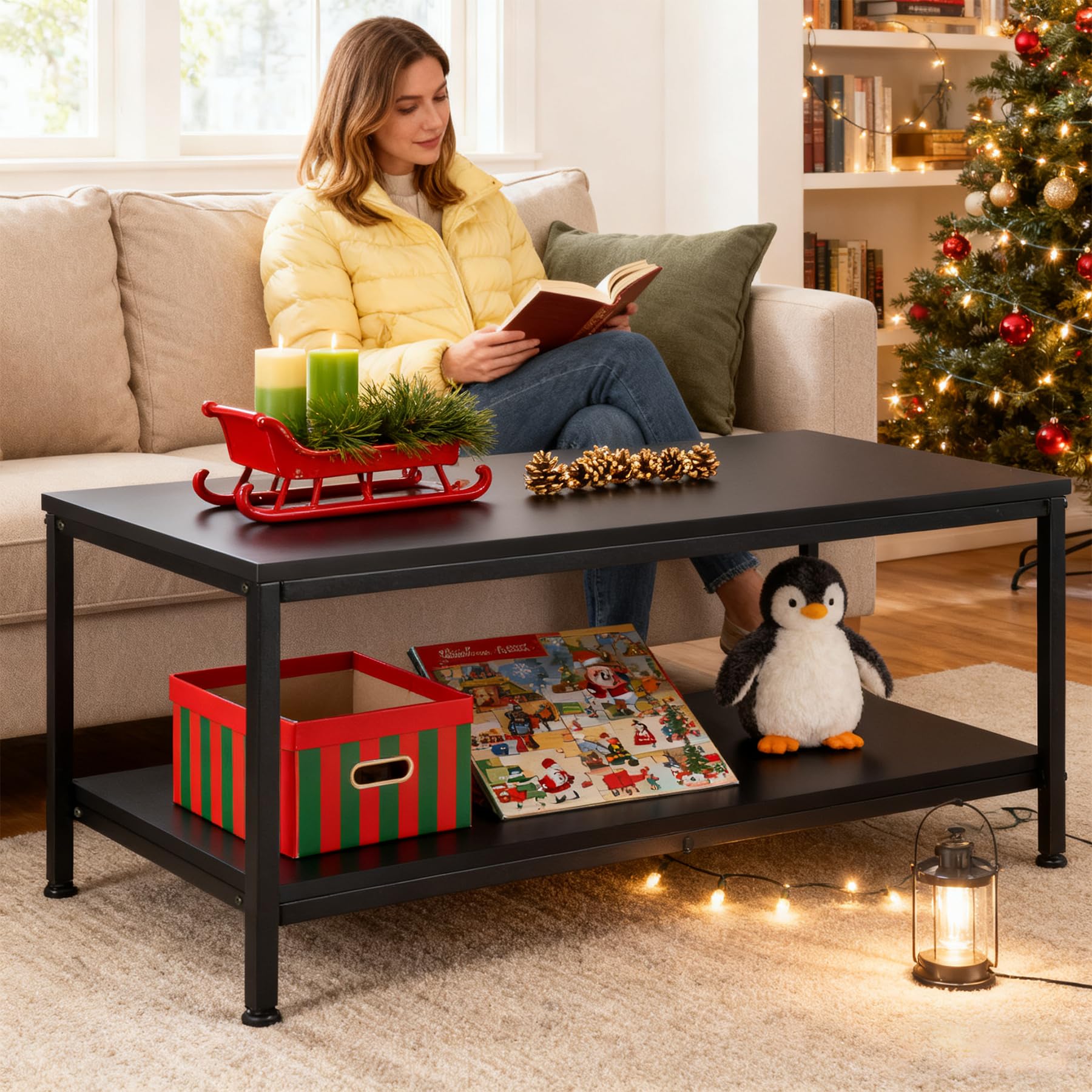 Industrial Coffee Table with Storage Shelf and 2-Tier Design