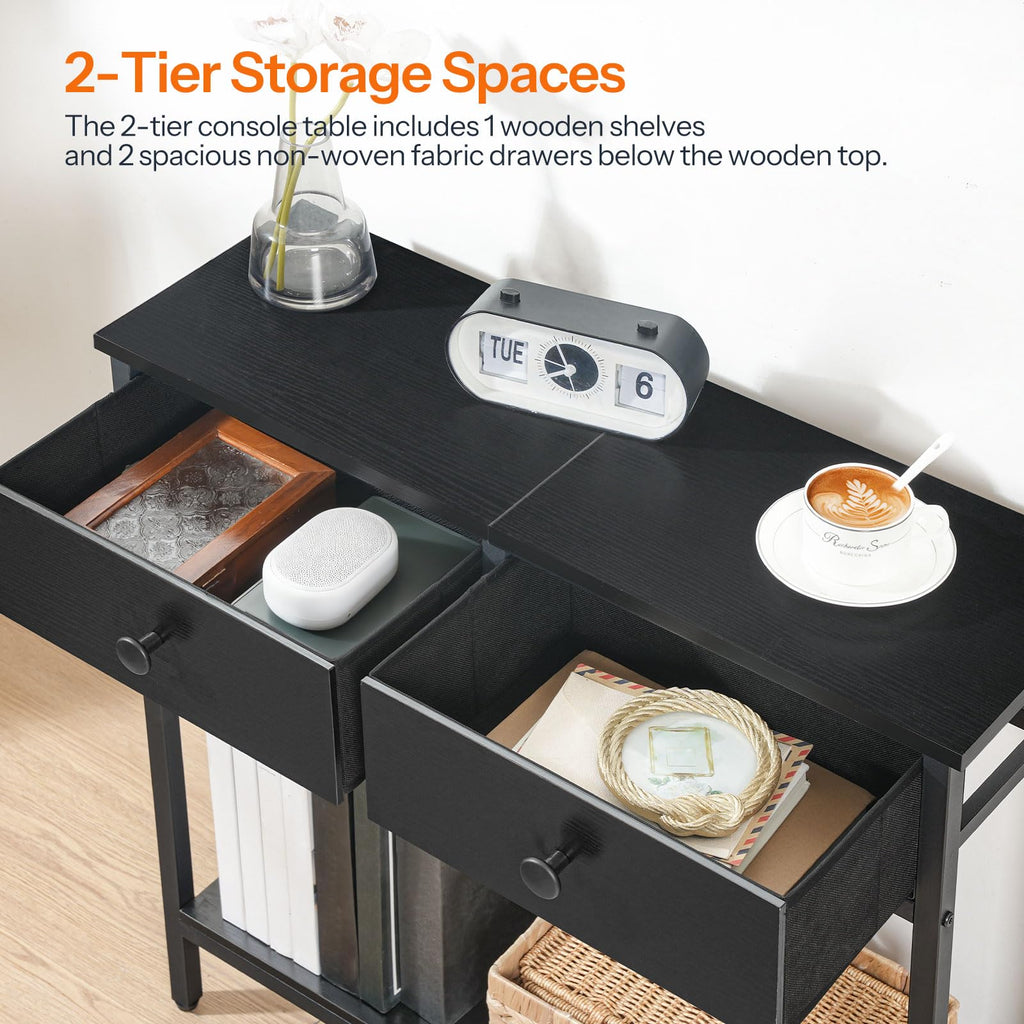 Narrow Console Table with Storage Drawers and Two Tier Shelves
