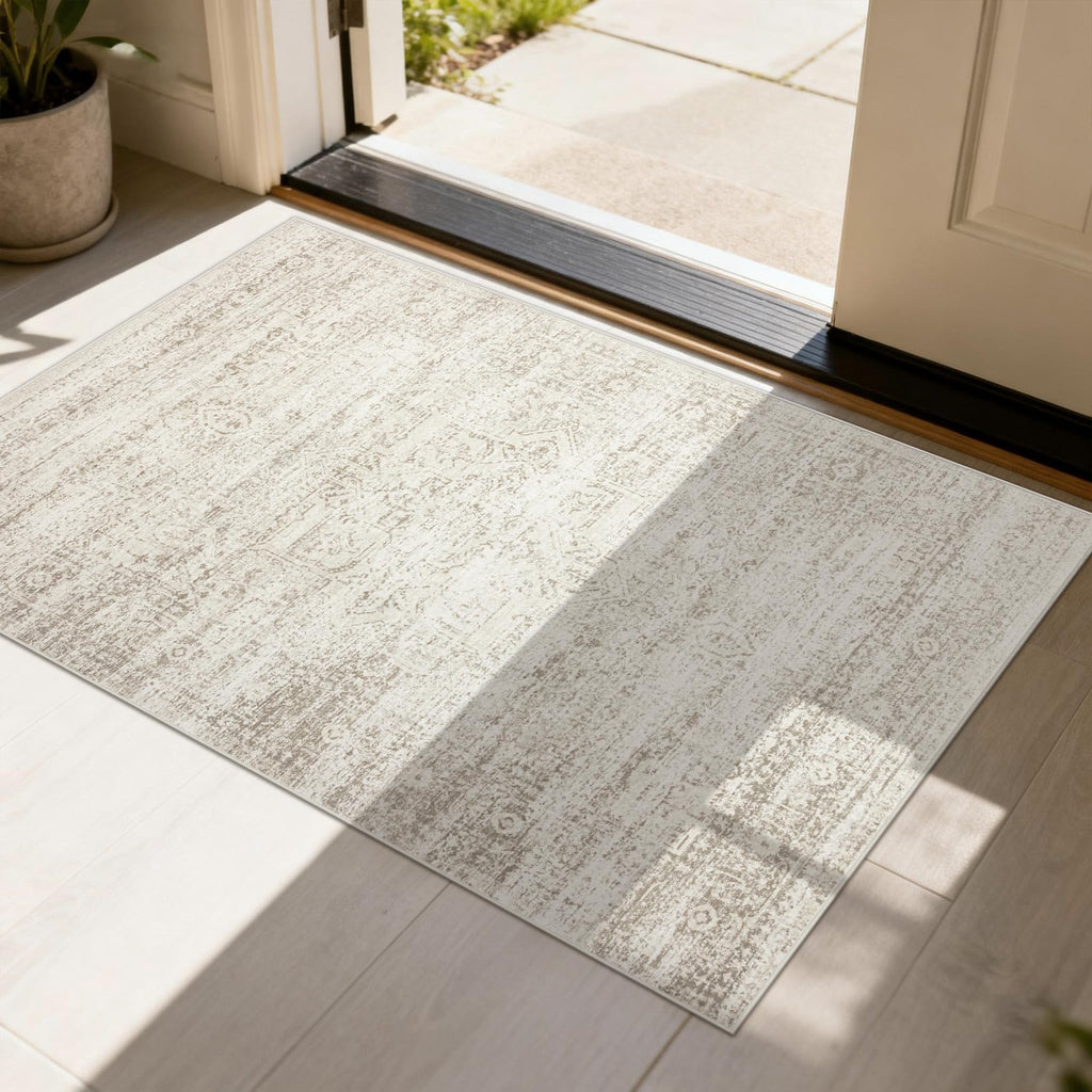 Machine Washable Faux Wool Area Rug with Retro Design and Non Slip Backing