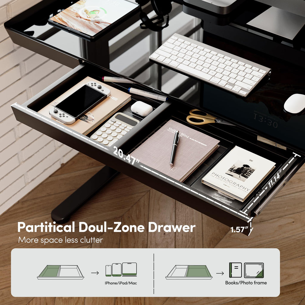 BANTI Electric Standing Desk with Drawers, 48 inch Whole-Piece Glass Desktop