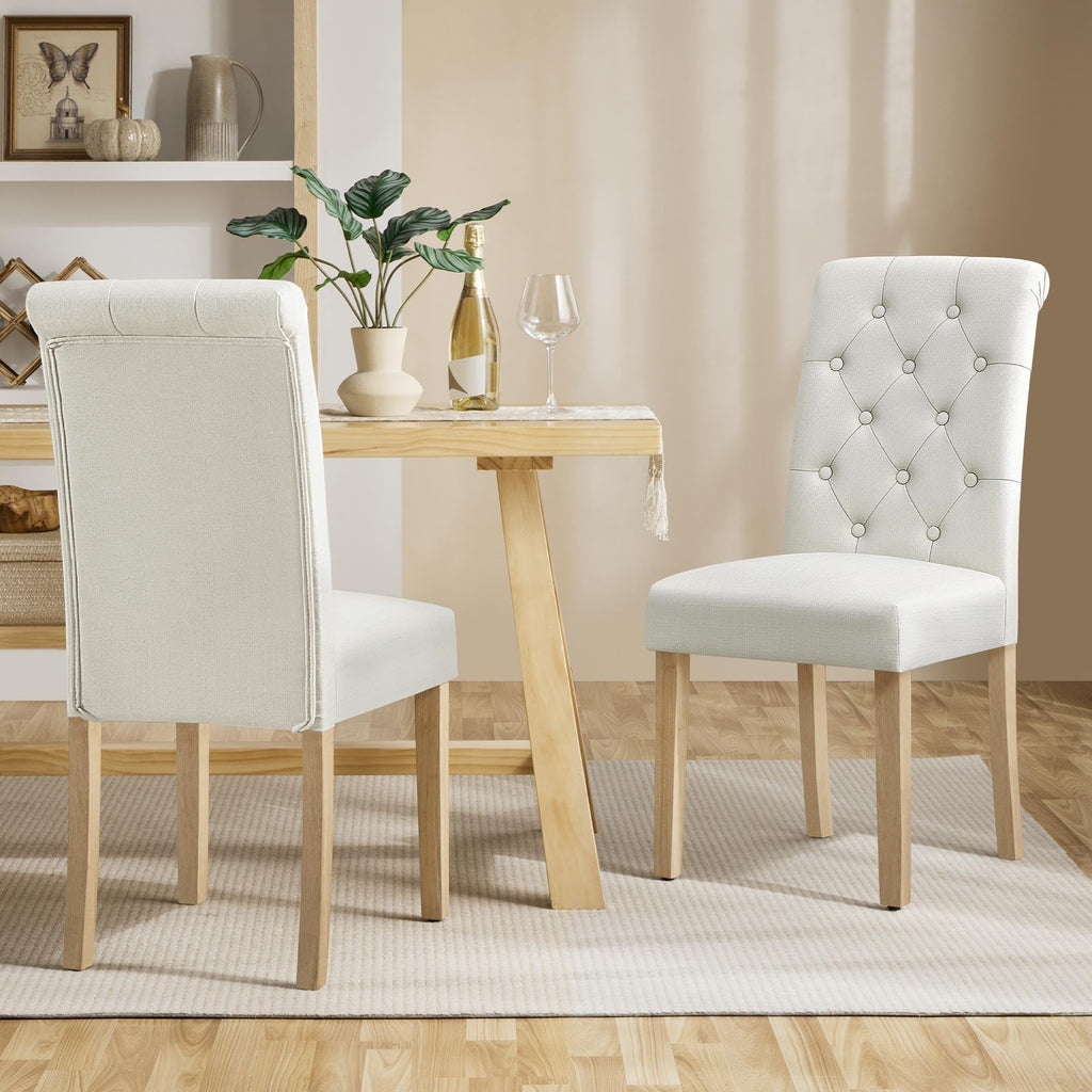 Fabric Upholstered Dining Chairs with Tufted Back and Wood Legs