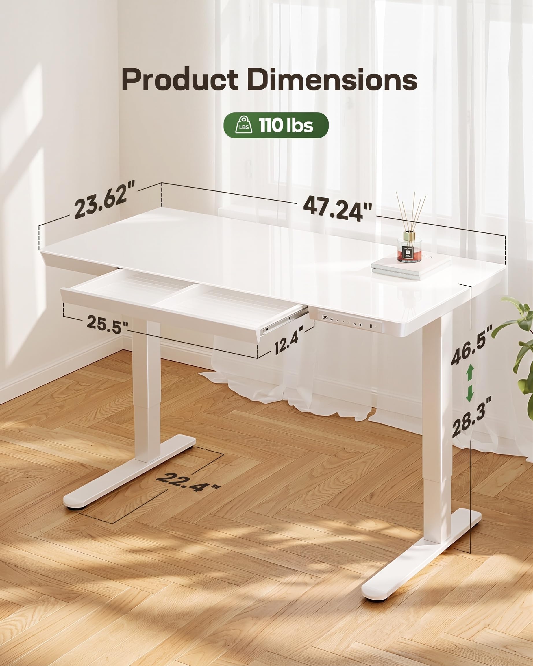 Electric Standing Desk with Glass Top, Drawer and USB Charging Ports
