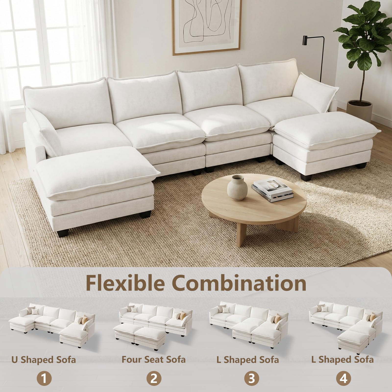 U Shaped Modular Sectional Sofa with Movable Ottoman