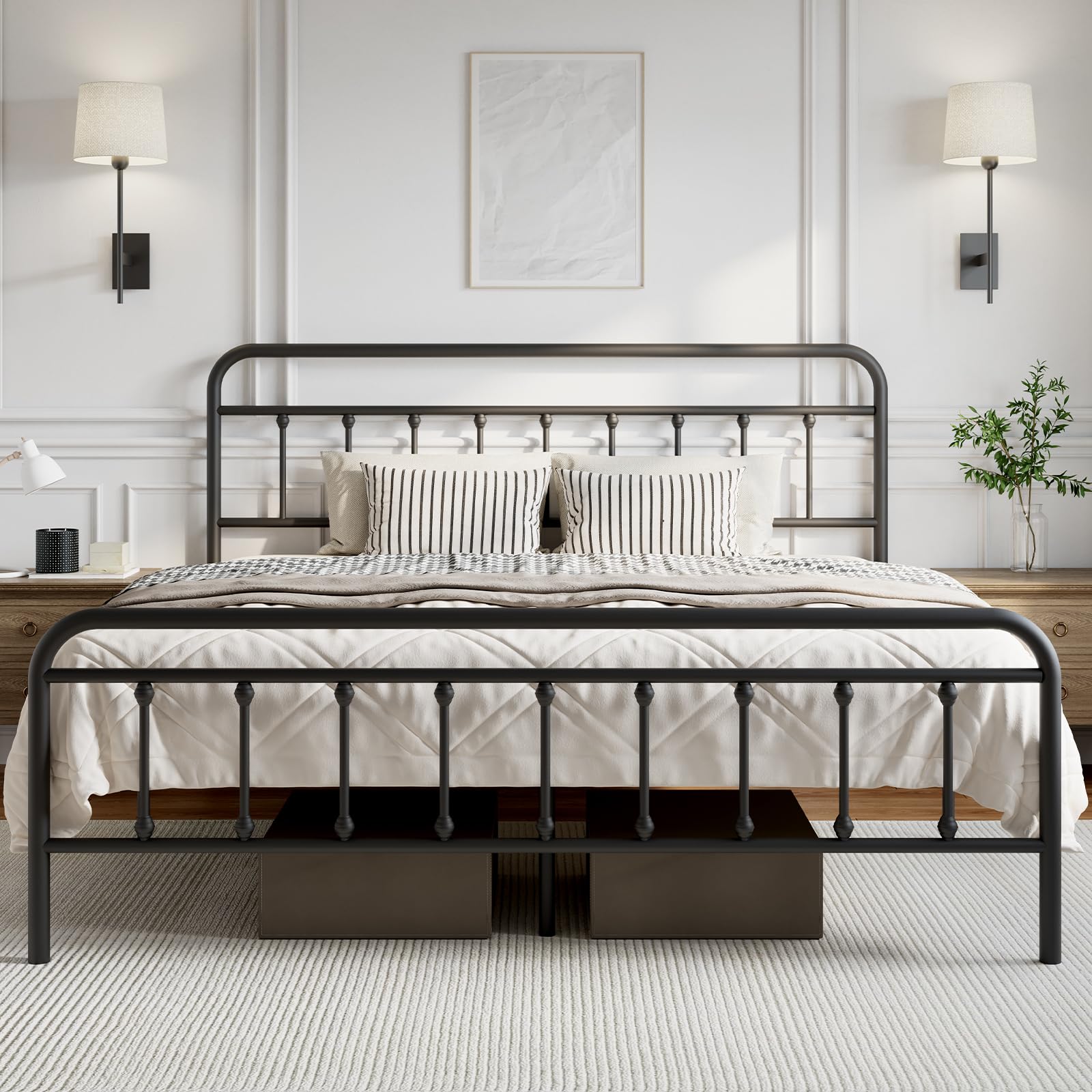 Modern Metal Bed Frame with Headboard and Under Bed Storage