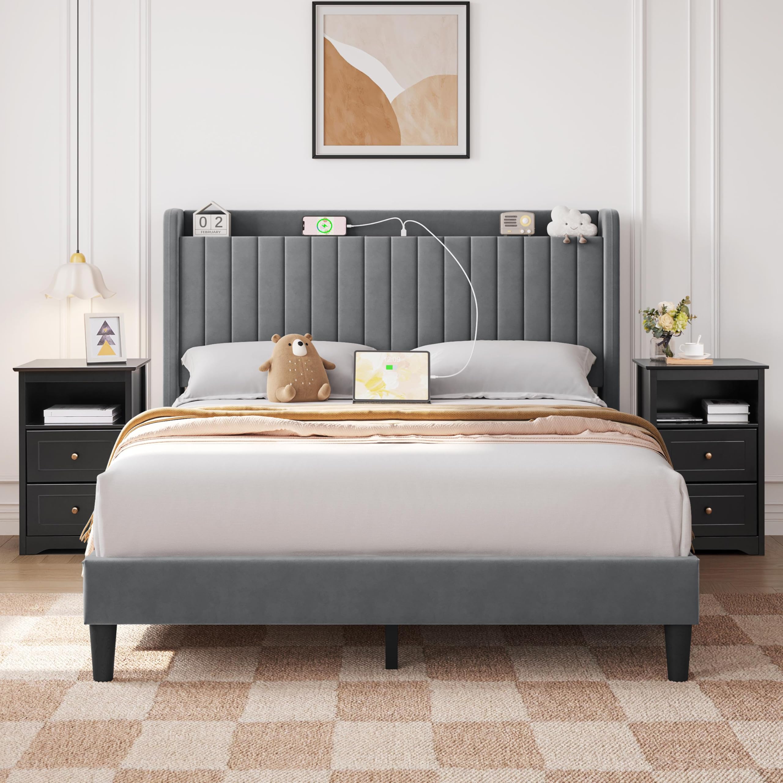 Wooden Nightstand with 2 Drawers and Open Storage Cubby