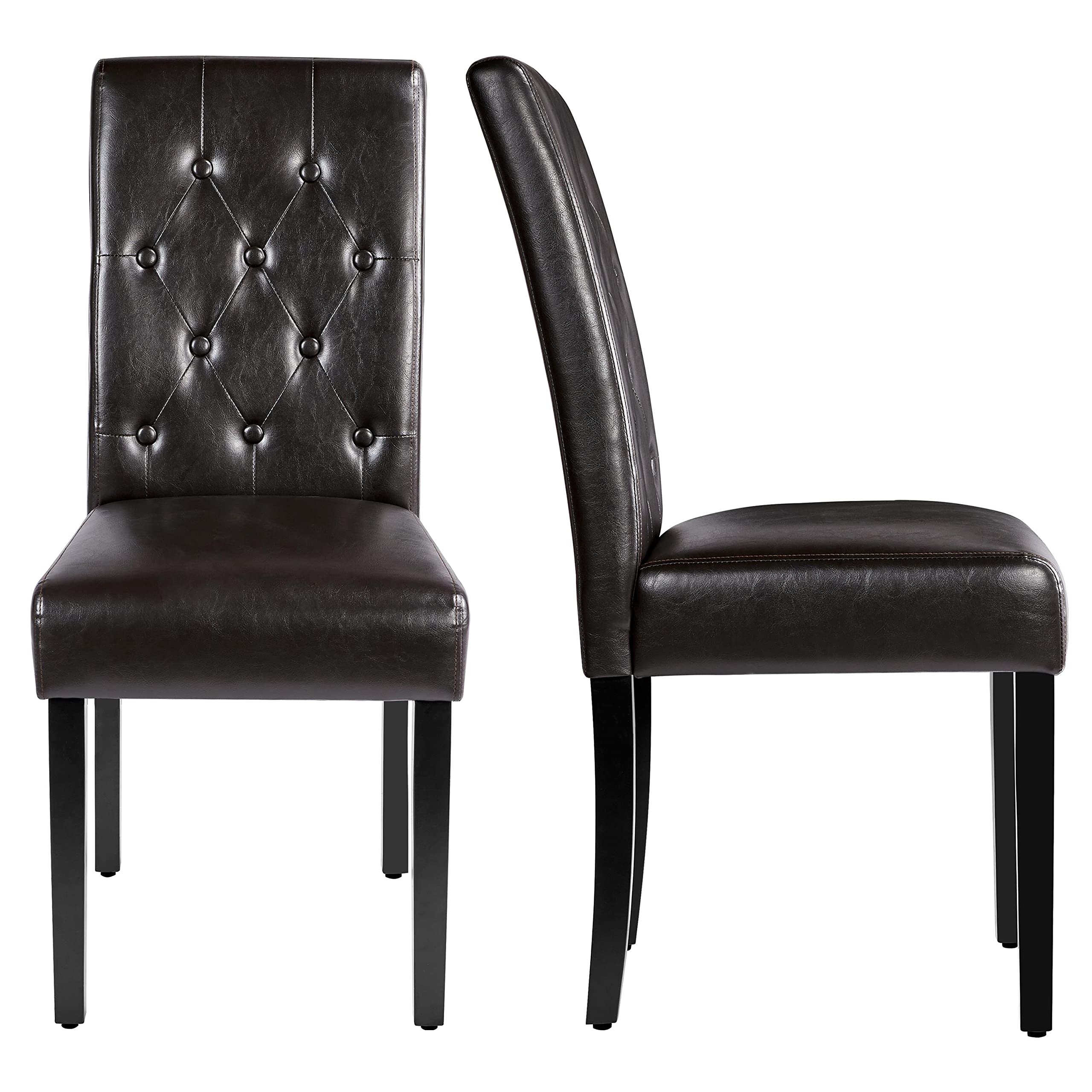 Leather Upholstered Dining Chairs with Tufted High Back and Wood Legs