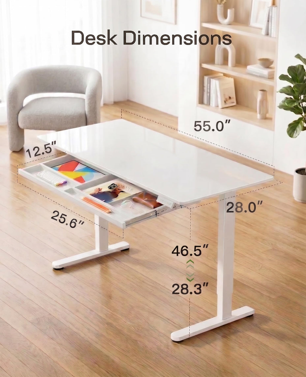 Glass Top Electric Standing Desk with Drawer and Height Adjustment