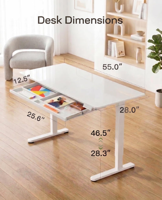 Glass Top Electric Standing Desk with Drawer and Height Adjustment