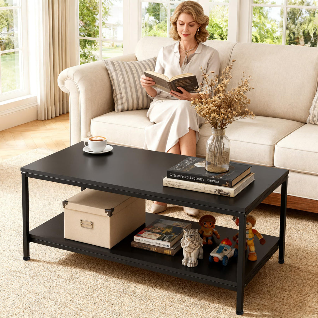 Industrial Coffee Table with Storage Shelf and 2-Tier Design