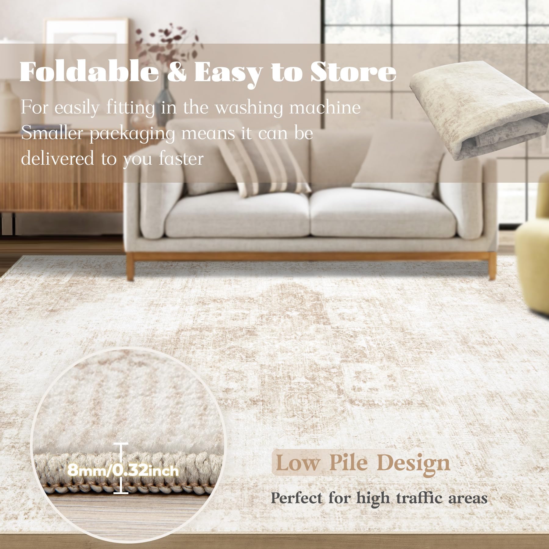 Vintage Boho Washable Area Rug with Non Slip Low Pile Design