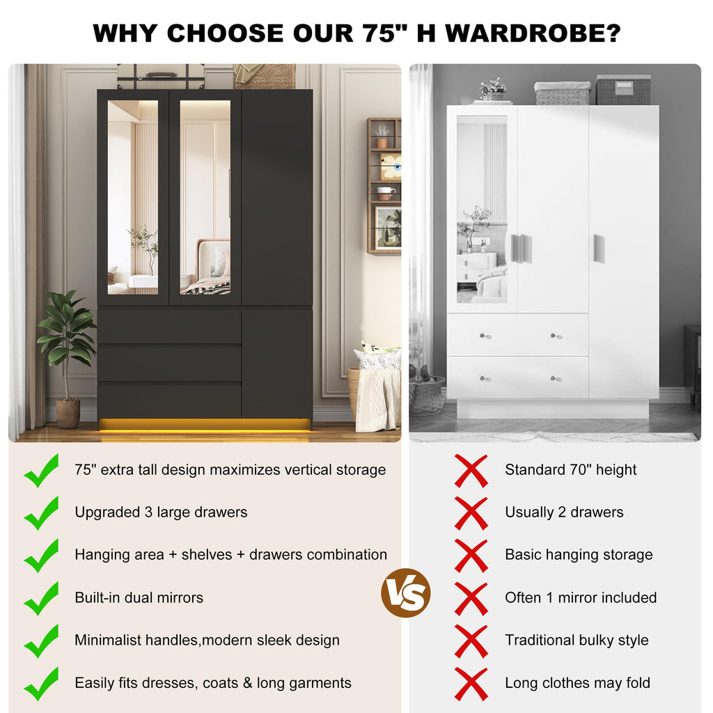 3 Door Wardrobe Armoire with Mirror, Drawers and Hanging Rod