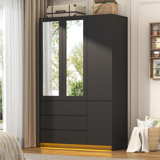 3 Door Wardrobe Armoire with Mirror, Drawers and Hanging Rod