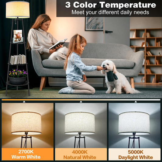 Modern Floor Lamp with Shelves and Adjustable LED Lighting