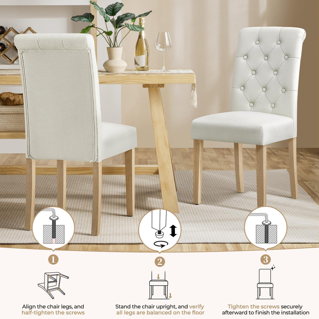 Fabric Upholstered Dining Chairs with Tufted Back and Wood Legs