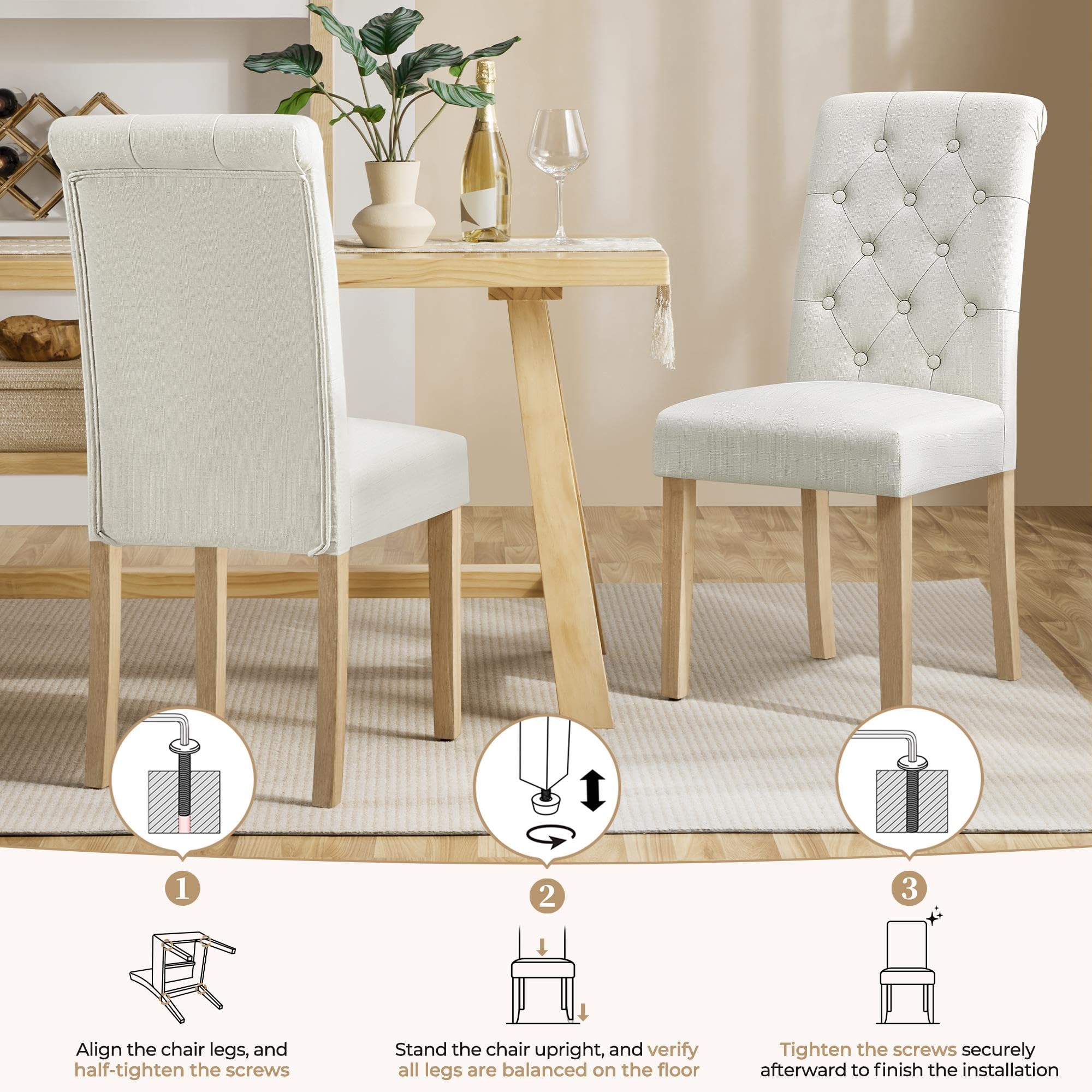 Fabric Upholstered Dining Chairs with Tufted Back and Wood Legs