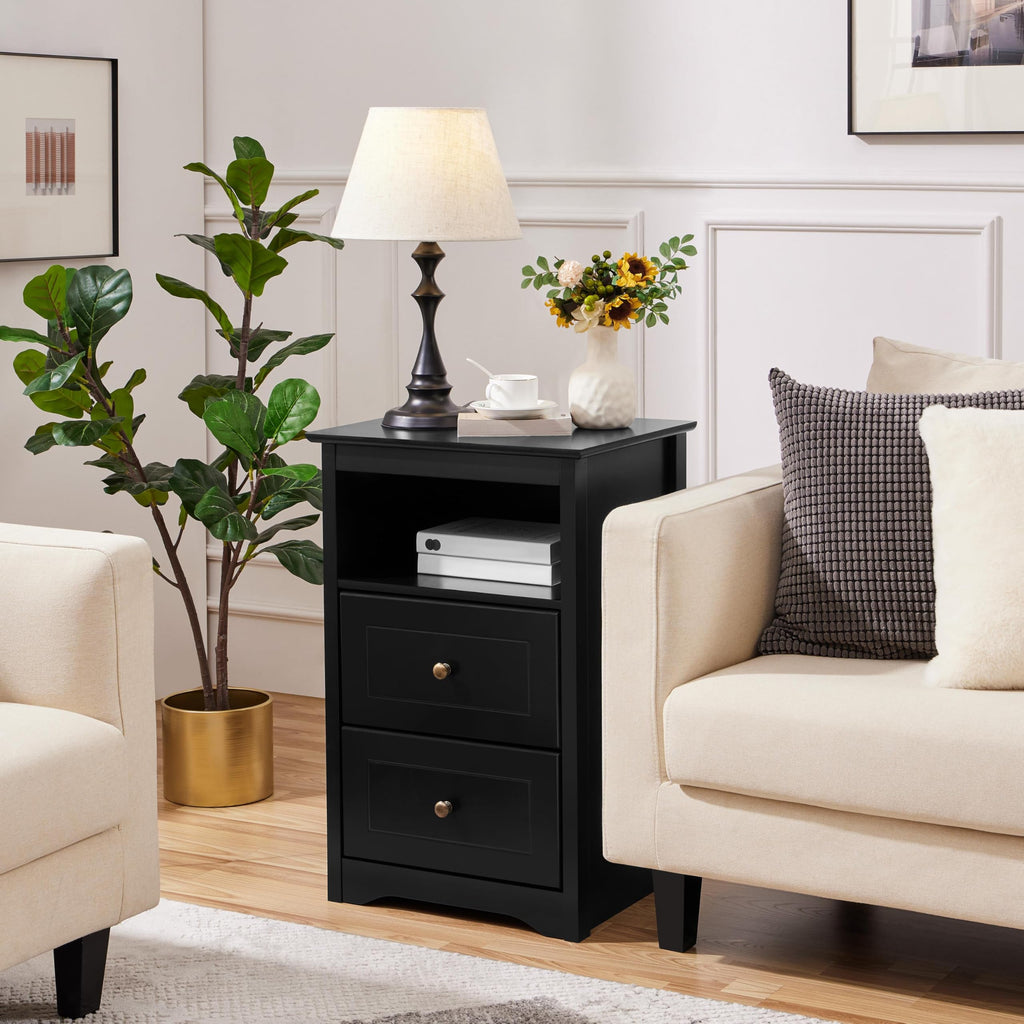 Wooden Nightstand with 2 Drawers and Open Storage Cubby