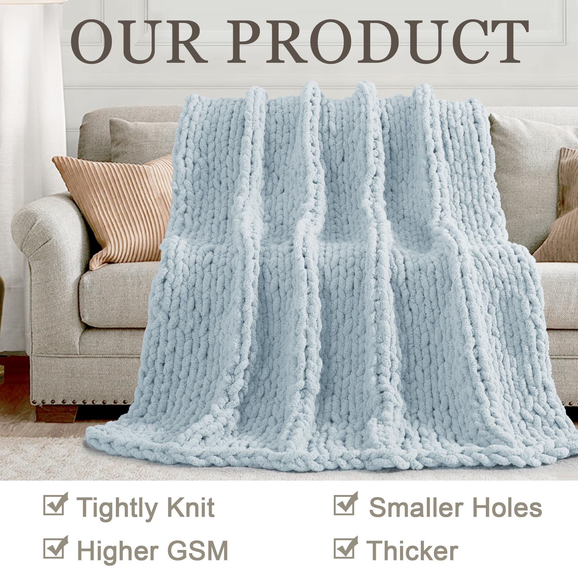 LONG CREATE Chunky Knit Throw Blanket, 100% Handmade Chenille Yarn
