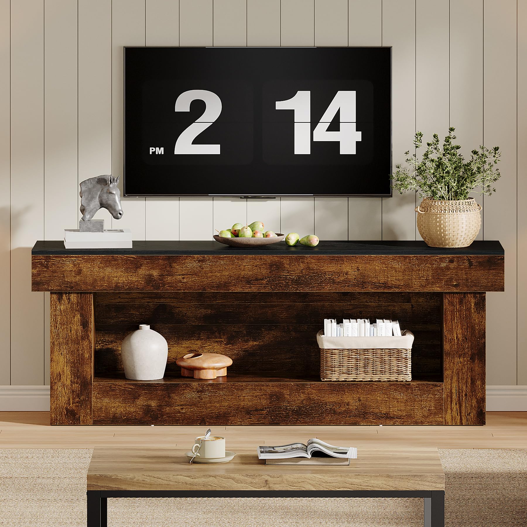 Rustic TV Stand with Storage and Open Shelves for Living Room