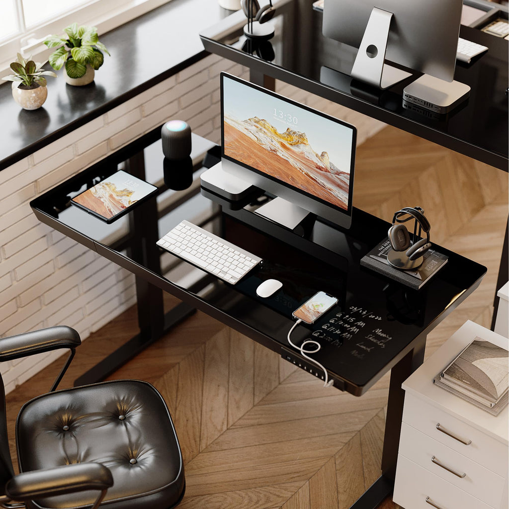BANTI Electric Standing Desk with Drawers, 48 inch Whole-Piece Glass Desktop