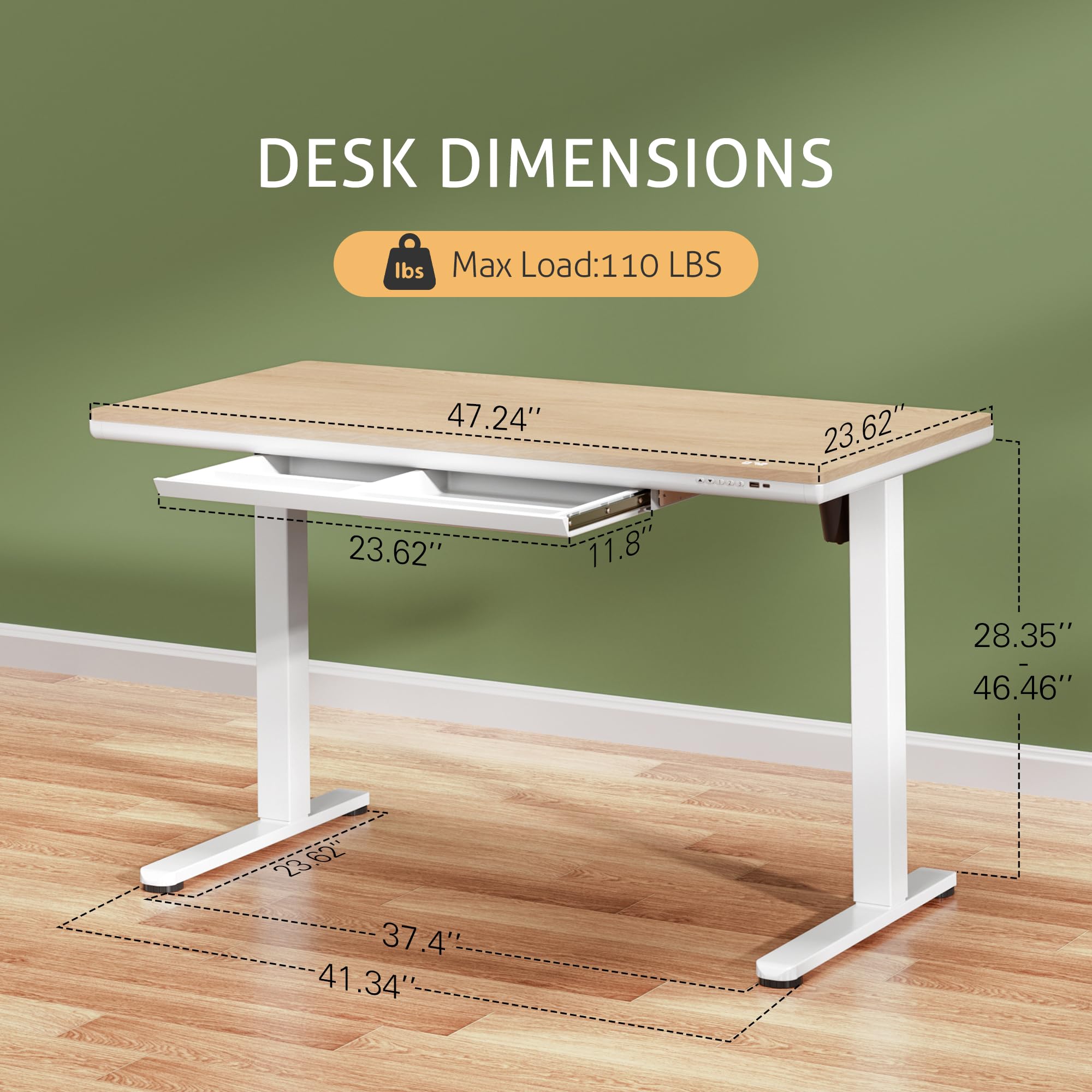 Electric Adjustable Standing Desk with Glass Top and USB Charging Port