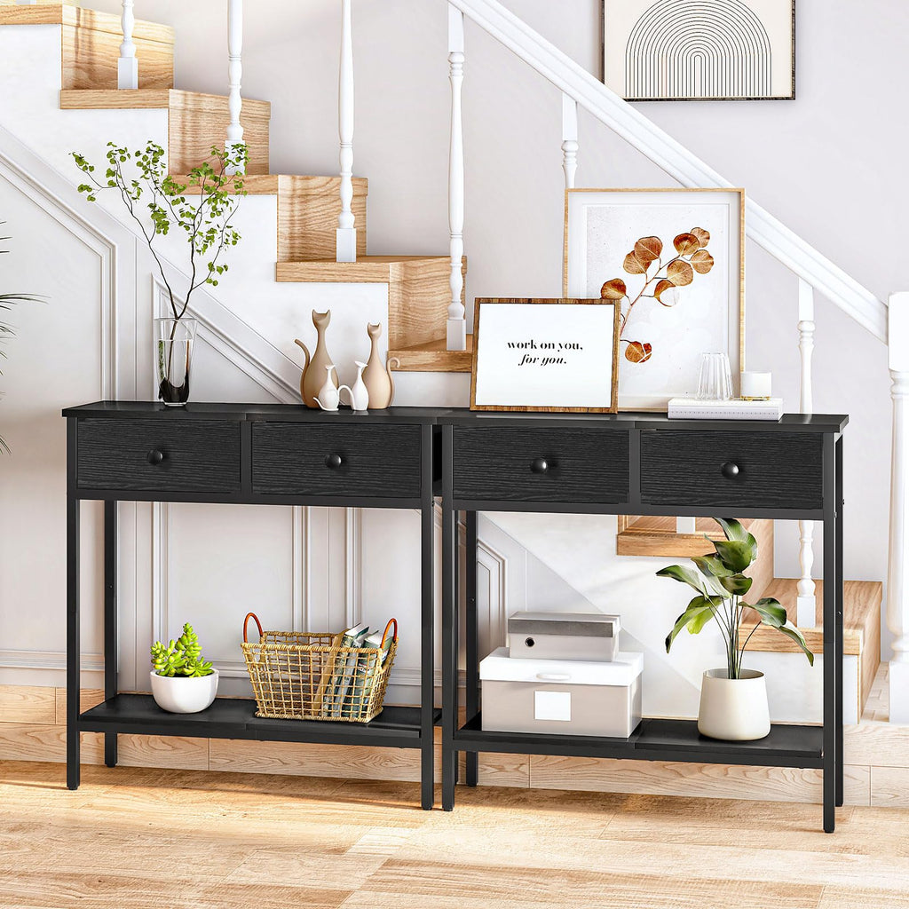Narrow Console Table with Storage Drawers and Two Tier Shelves
