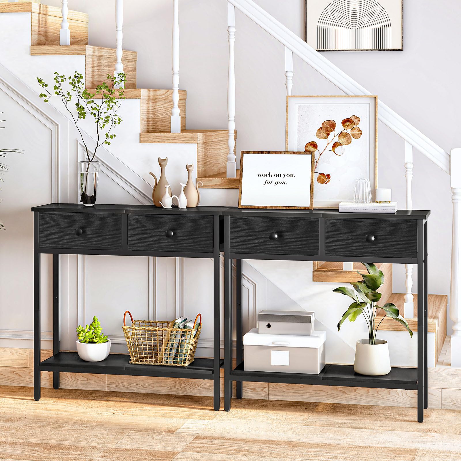 Narrow Console Table with Storage Drawers and Two Tier Shelves