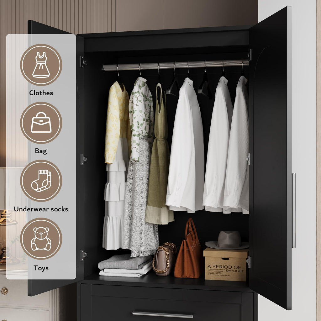 Wooden Wardrobe Armoire with Drawers, Doors and Hanging Rod